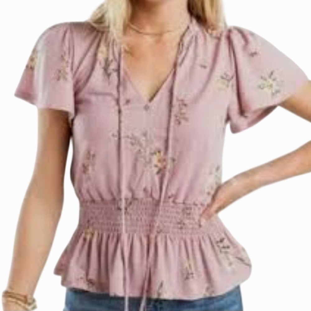 MERAKI Peplum Smocked Floral Blouse Large Mauve Tie Flutter Sleeves Cottagecore